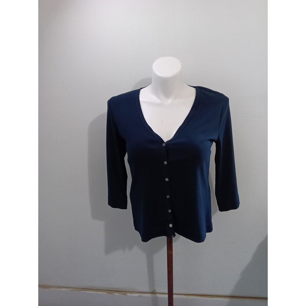 Talbots Petites Navy Button Front Cardigan 3/4 Sleeve Size L